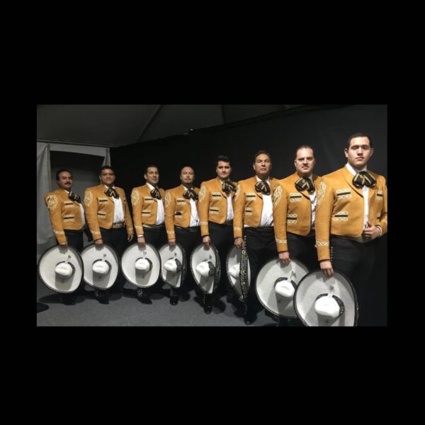 All musicians posing with their white cow boy hat and dressed in yellow and black