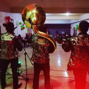 Musicians in glittering dress holding their instruments