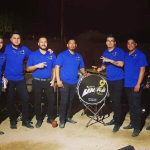 Banda Lv musicians dressed up in black and blue posing for a picture