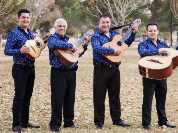 All musicians band in blue dresses posing with their guitars