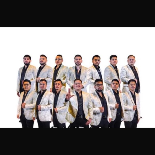 Music band in white jackets posing for a picture