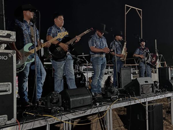 Musicians in blue and blue dresses playing guitars