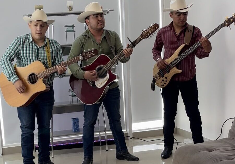 Three musicians holding and playing guitar at house